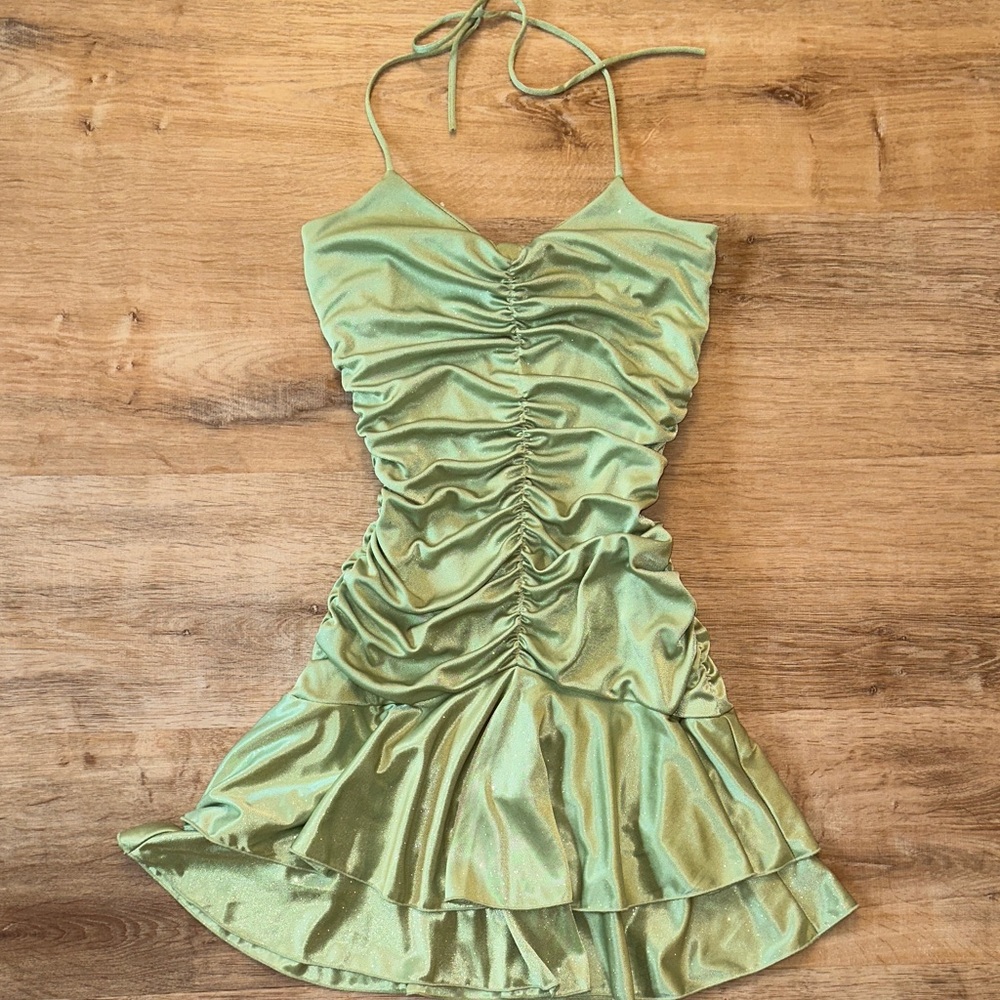 Vintage drop waist SPEECHLESS Ruched Satin Halter Dress